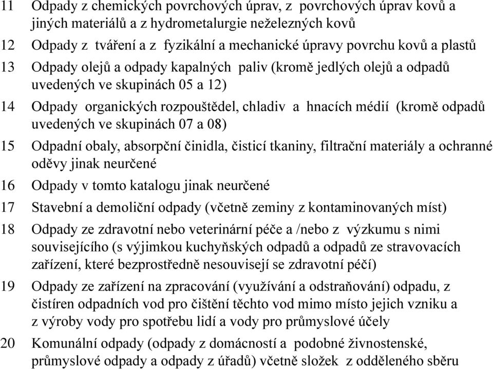 07 a 08) 15 Odpadní obaly, absorpční činidla, čisticí tkaniny, filtrační materiály a ochranné oděvy jinak neurčené 16 Odpady v tomto katalogu jinak neurčené 17 Stavební a demoliční odpady (včetně