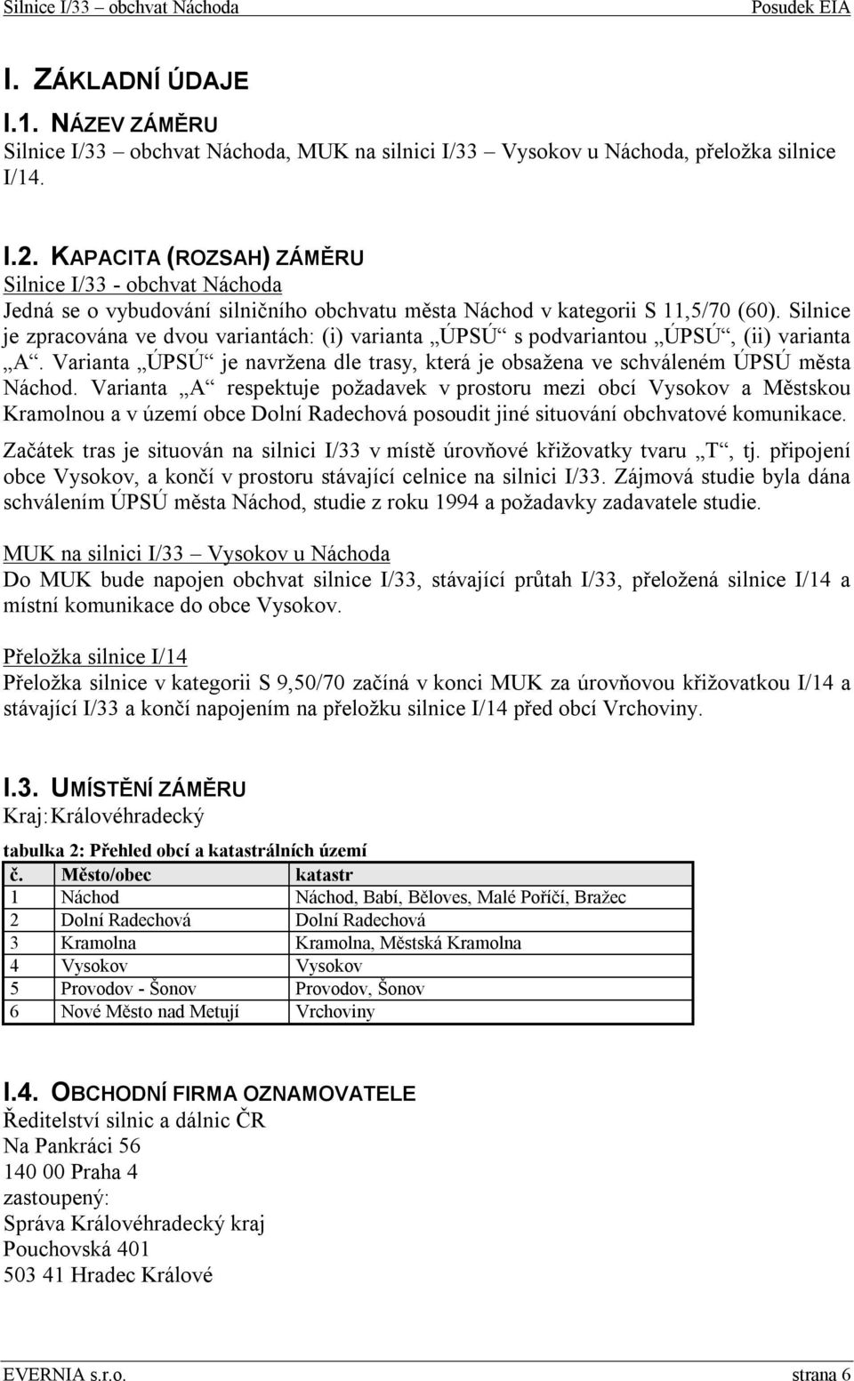 Silnice je zpracována ve dvou variantách: (i) varianta ÚPSÚ s podvariantou ÚPSÚ, (ii) varianta A. Varianta ÚPSÚ je navržena dle trasy, která je obsažena ve schváleném ÚPSÚ města Náchod.