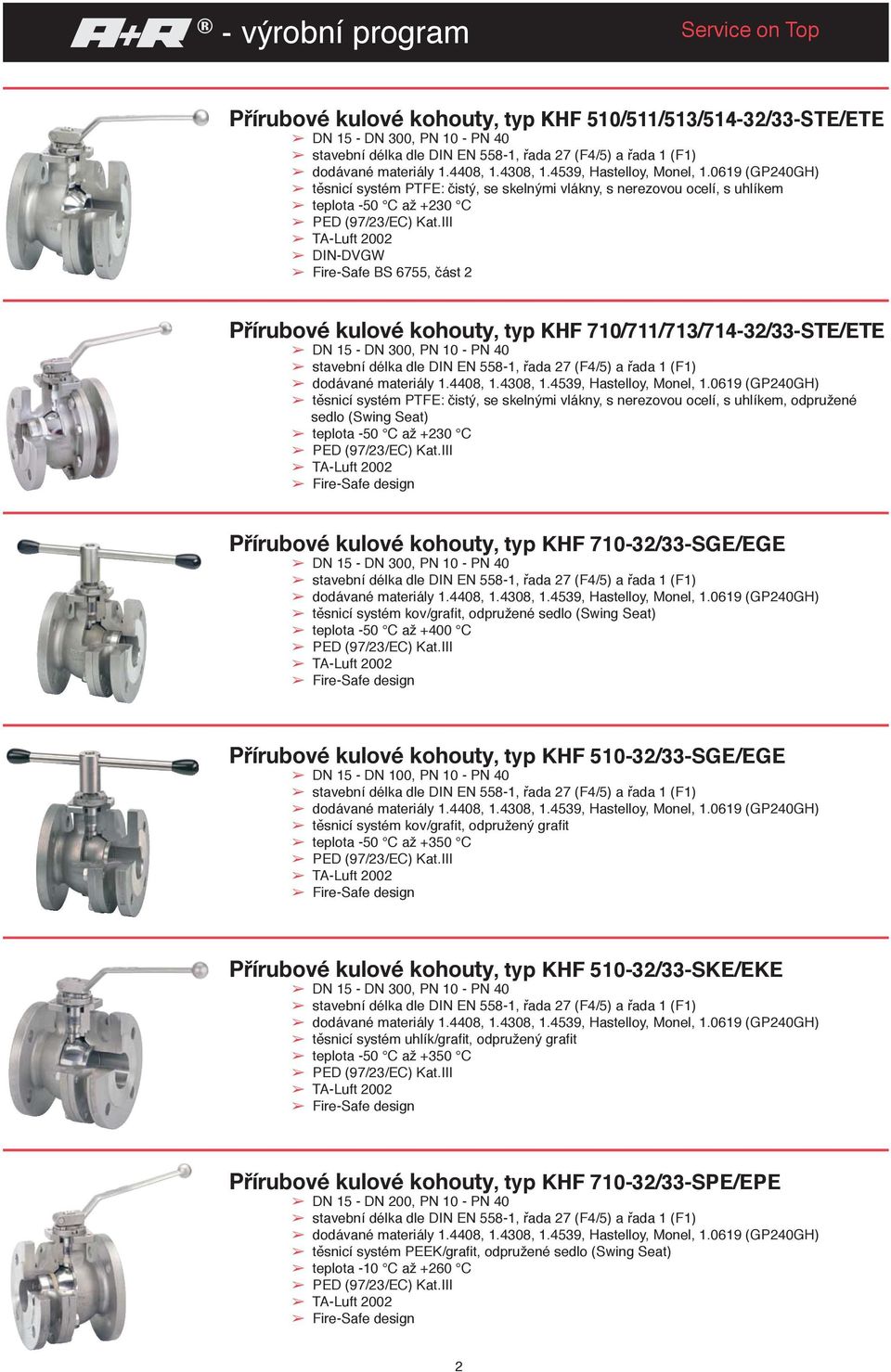 nerezovou ocelí, s uhlíkem, odpružené sedlo (Swing Seat) teplota -50 C až +230 C Přírubové kulové kohouty, typ KHF 710-32/33-SGE/EGE DN 15 - DN 300, PN 10 - PN 40 těsnicí systém kov/grafi t,
