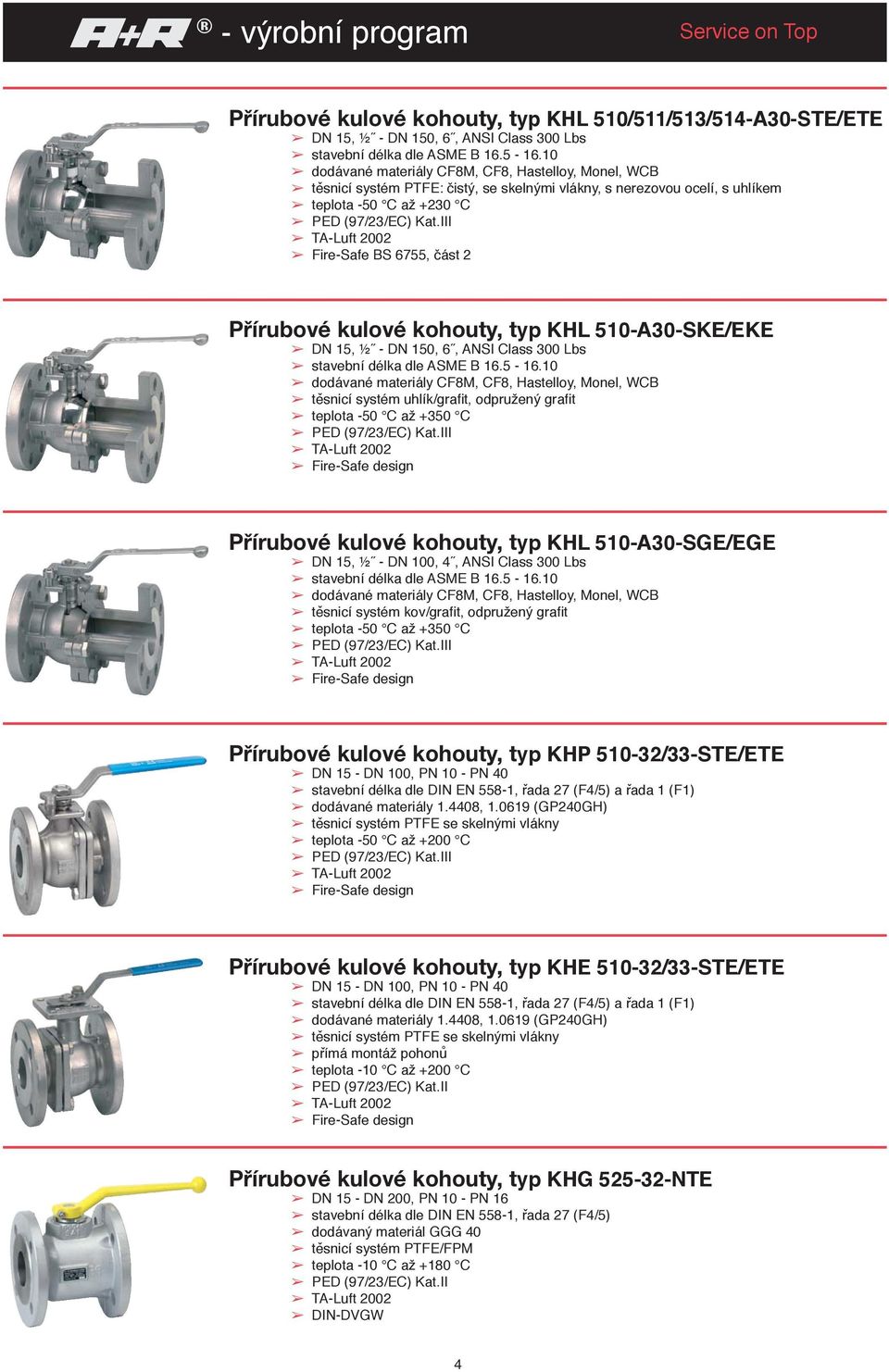 kohouty, typ KHL 510-A30-SKE/EKE DN 15, ½ - DN 150, 6, ANSI Class 300 Lbs stavební délka dle ASME B 16.5-16.