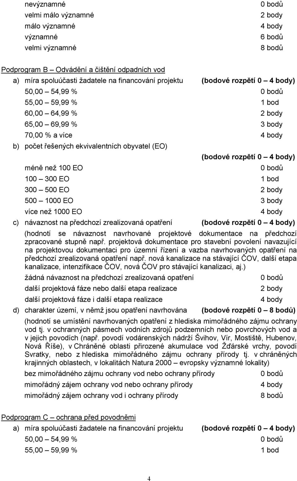 500 1000 EO 3 body více než 1000 EO c) návaznost na předchozí zrealizovaná opatření (bodové rozpětí 0 ) (hodnotí se návaznost navrhované projektové dokumentace na předchozí zpracované stupně např.