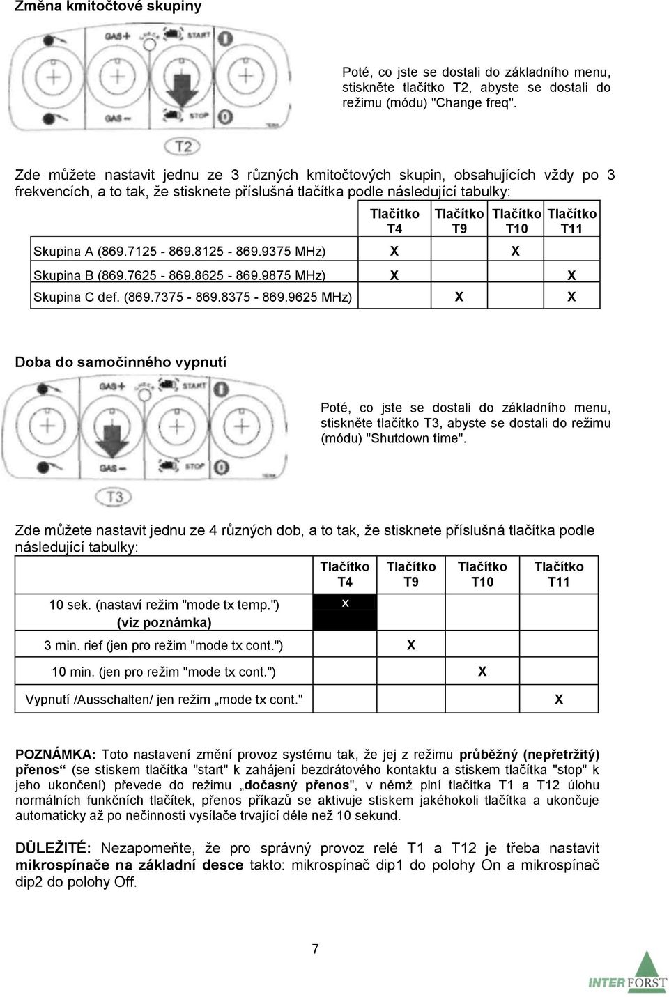 T10 Skupina A (869.7125-869.8125-869.9375 MHz) X X Tlačítko T11 Skupina B (869.7625-869.8625-869.9875 MHz) X X Skupina C def. (869.7375-869.8375-869.
