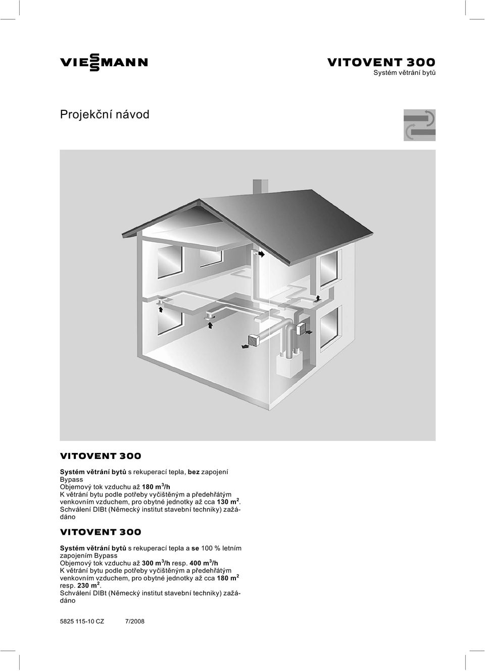Schválení DIBt (Německý institut stavební techniky) zažádáno VITOVENT 300 Systém větrání bytů s rekuperací tepla a se 100 % letním zapojením Bypass Objemový tok