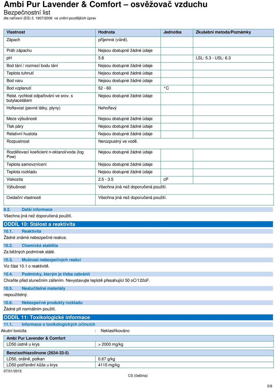 s butylacetátem Hořlavost (pevné látky, plyny) Meze výbušnosti Tlak páry Relativní hustota Rozpustnost Rozdělovací koeficient n-oktanol/voda (log Pow) Teplota samovznícení Teplota rozkladu Nehořlavý