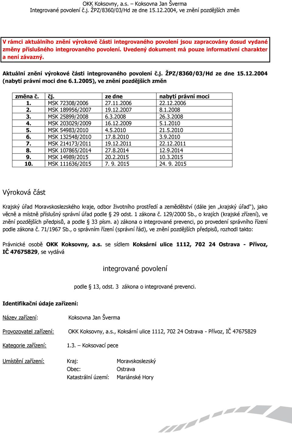 MSK 72308/2006 27.11.2006 22.12.2006 2. MSK 189956/2007 19.12.2007 8.1.2008 3. MSK 25899/2008 6.3.2008 26.3.2008 4. MSK 203029/2009 16.12.2009 5.1.2010 5. MSK 54983/2010 4.5.2010 21.5.2010 6.