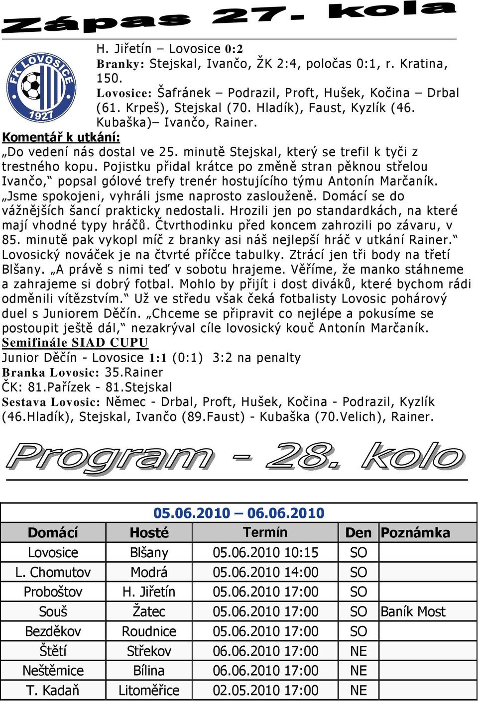 Pojistku přidal krátce po změně stran pěknou střelou Ivančo, popsal gólové trefy trenér hostujícího týmu Antonín Marčaník. Jsme spokojeni, vyhráli jsme naprosto zaslouženě.