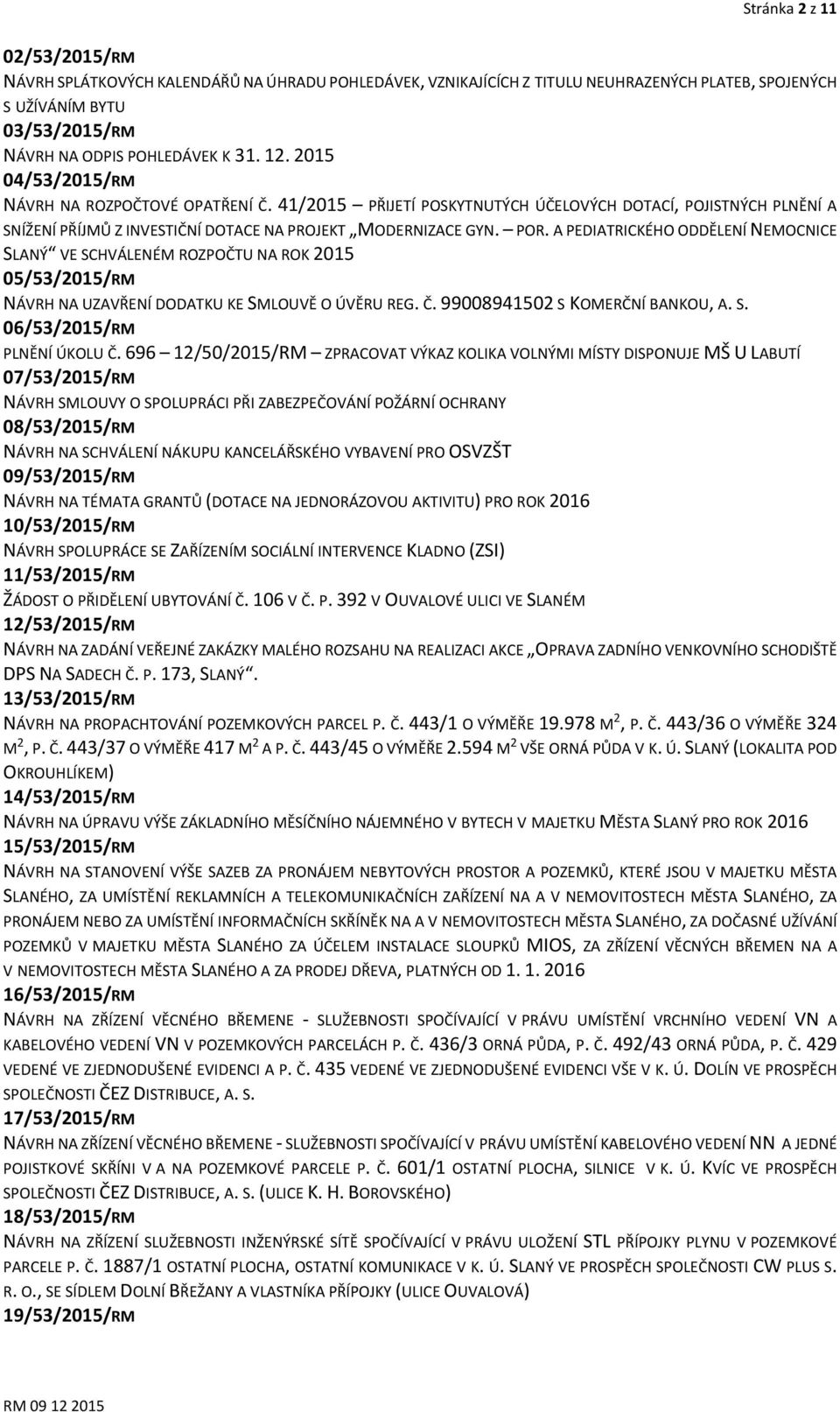 A PEDIATRICKÉHO ODDĚLENÍ NEMOCNICE SLANÝ VE SCHVÁLENÉM ROZPOČTU NA ROK 2015 05/53/2015/RM NÁVRH NA UZAVŘENÍ DODATKU KE SMLOUVĚ O ÚVĚRU REG. Č. 99008941502 S KOMERČNÍ BANKOU, A. S. 06/53/2015/RM PLNĚNÍ ÚKOLU Č.