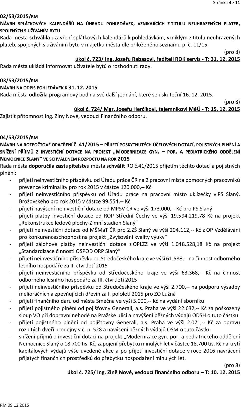 2015 Rada města ukládá informovat uživatele bytů o rozhodnutí rady. 03/53/2015/RM NÁVRH NA ODPIS POHLEDÁVEK K 31. 12.