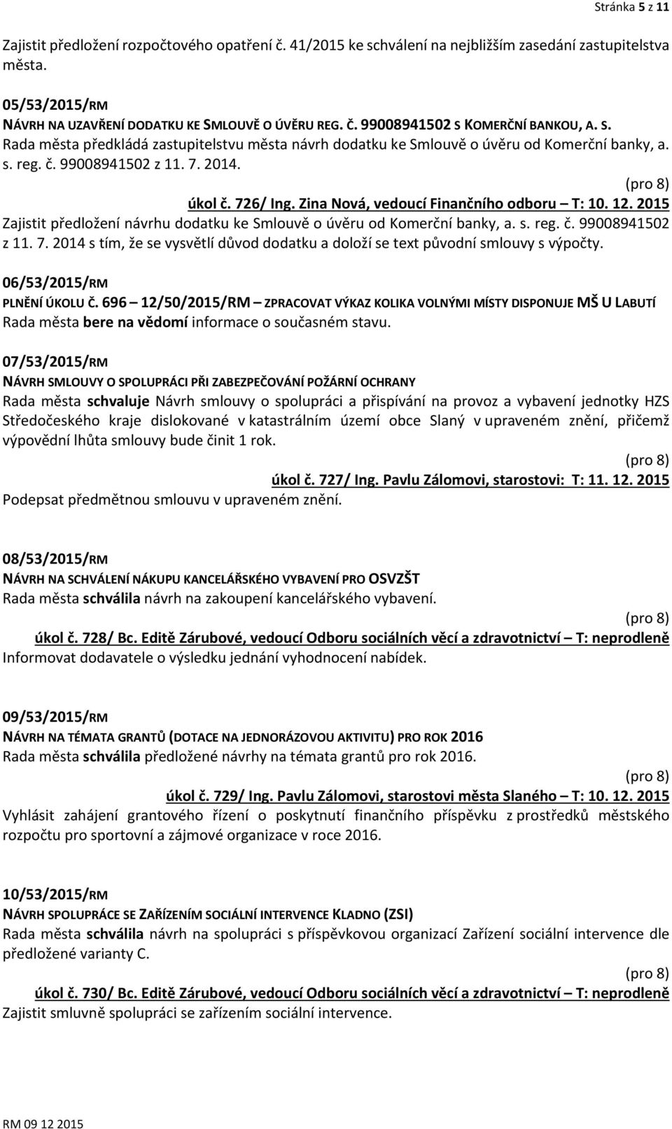 Zina Nová, vedoucí Finančního odboru T: 10. 12. 2015 Zajistit předložení návrhu dodatku ke Smlouvě o úvěru od Komerční banky, a. s. reg. č. 99008941502 z 11. 7.