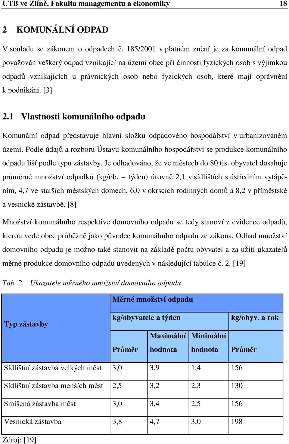 které mají oprávnění k podnikání. [3] 2.1 Vlastnosti komunálního odpadu Komunální odpad představuje hlavní složku odpadového hospodářství v urbanizovaném území.