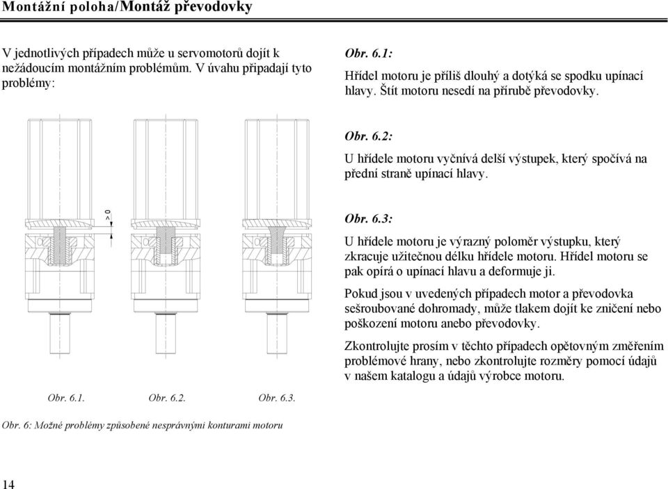 2: U hřídele motoru vyčnívá delší výstupek, který spočívá na přední straně upínací hlavy. > 0 Obr. 6.1. Obr. 6.2. Obr. 6.3. Obr. 6.3: U hřídele motoru je výrazný poloměr výstupku, který zkracuje užitečnou délku hřídele motoru.