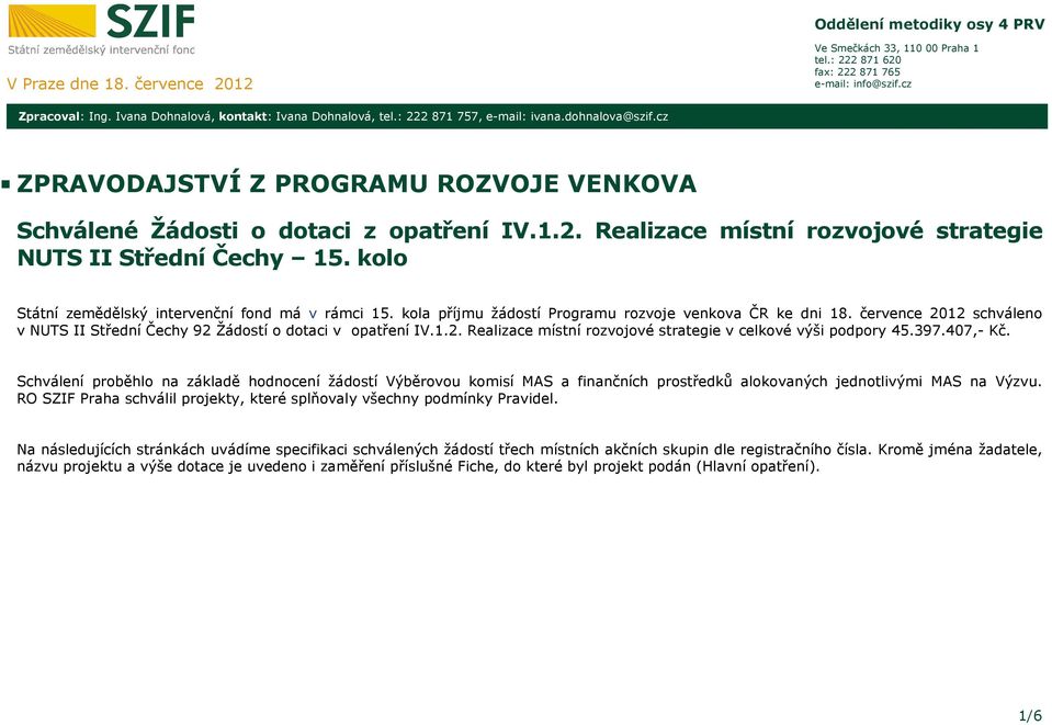 kolo Státní zemědělský intervenční fond má v rámci 15. kola příjmu žádostí Programu rozvoje venkova ČR ke dni 18. července 2012 schváleno v NUTS II Střední Čechy 92 Žádostí o dotaci v IV.1.2. Realizace místní rozvojové strategie v celkové výši podpory 45.