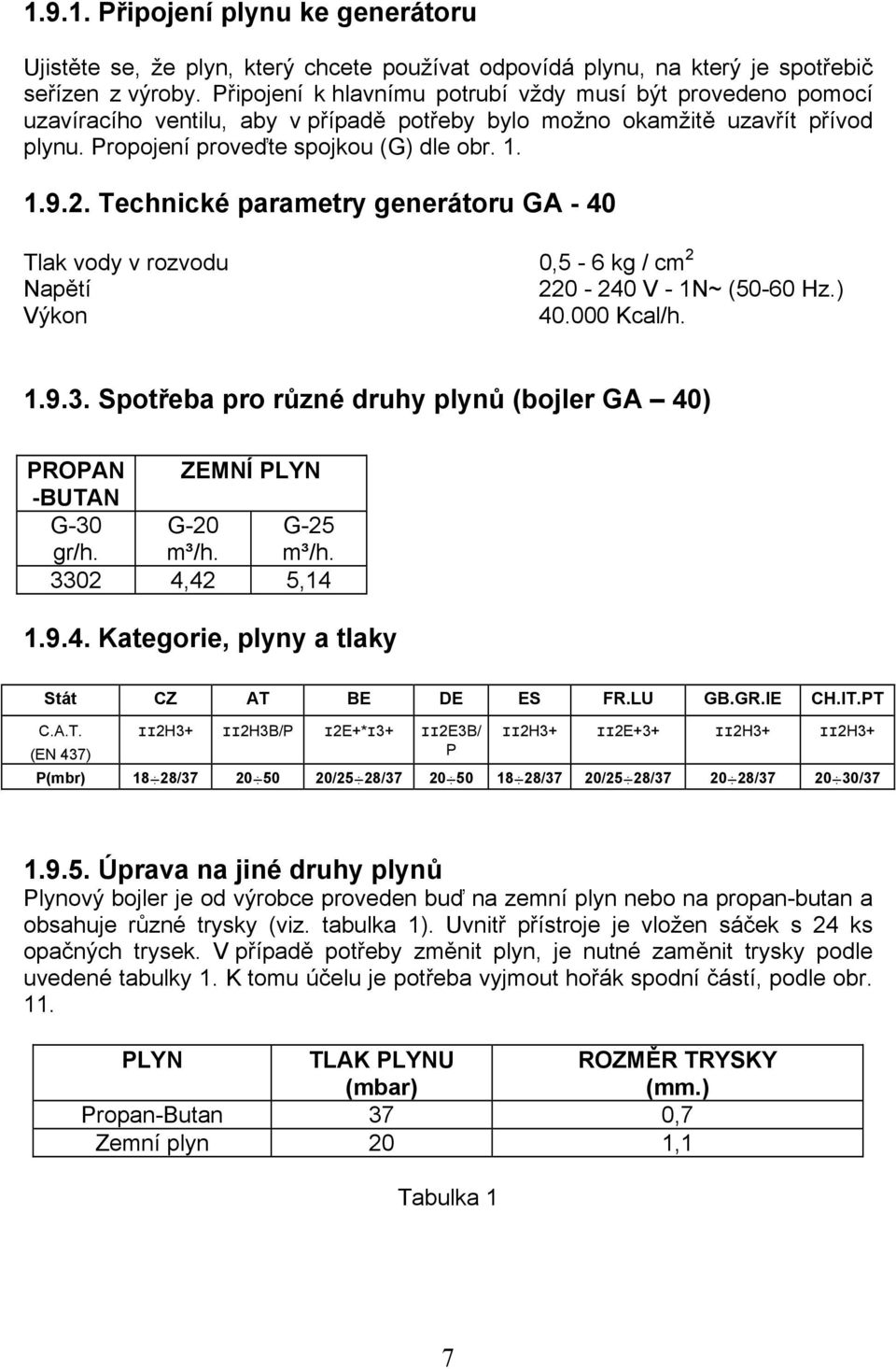 Technické parametry generátoru GA - 40 Tlak vody v rozvodu 0,5-6 kg / cm 2 Napětí 220-240 V - 1N~ (50-60 Hz.) Výkon 40.000 Kcal/h. 1.9.3.