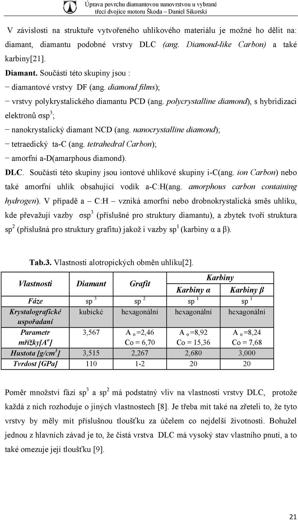 polycrystalline diamond), s hybridizaci elektronů σsp 3 ; nanokrystalický diamant NCD (ang. nanocrystalline diamond); tetraedický ta-c (ang. tetrahedral Carbon); amorfní a-d(amarphous diamond). DLC.