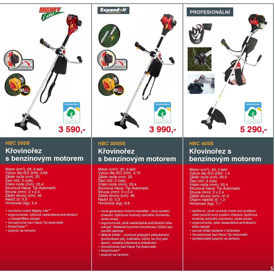 hlava Tip-Automatik RotoChoke TM popruh na rameno HBC 30SBS Křovinořez Motor (cm 3 ): 30, 2-takt Výkon dle ISO (kw): 0,75 Záběr nože (cm): 20 Žací nůž: 3 zuby Vrtání nože (mm): 25,4 Strunová hlava: