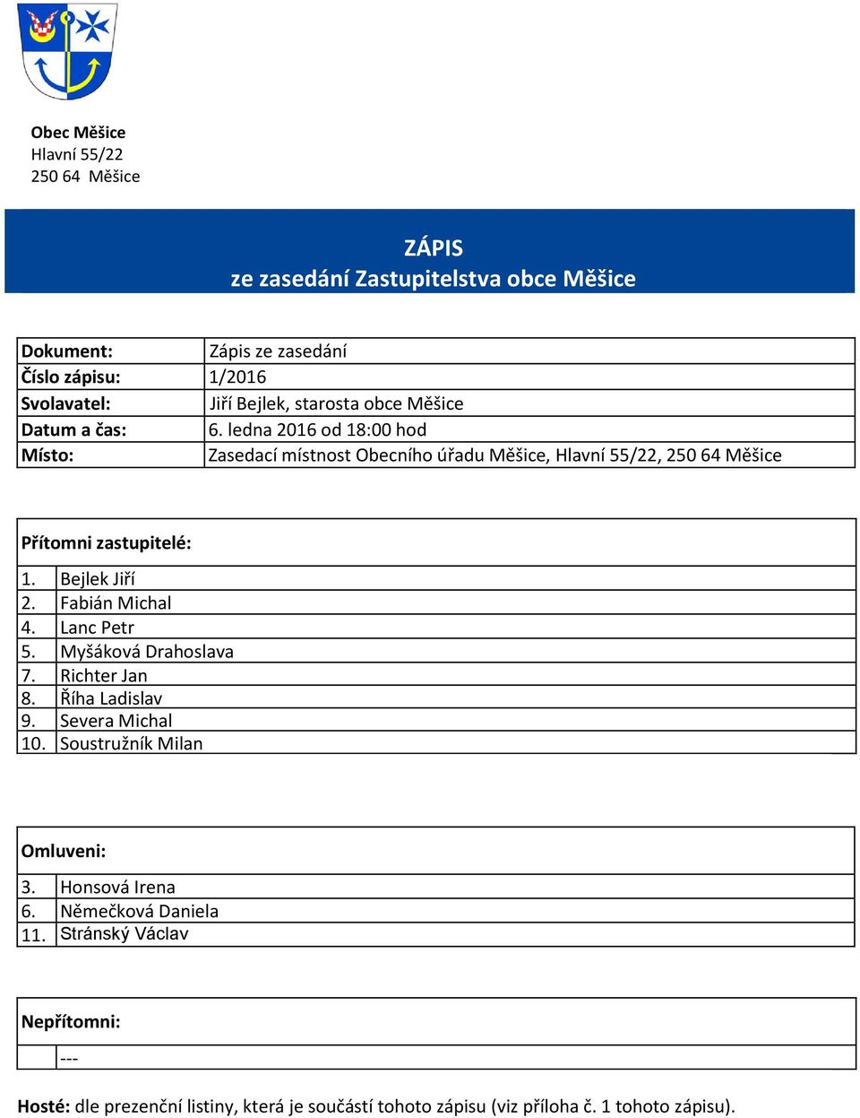 ledna 2016 od 18:00 hod Místo: Zasedací místnost Obecního úřadu Měšice, Hlavní 55/22, 250 64 Měšice Přítomni zastupitelé: 1. Bejlek Jiří 2. Fabián Michal 4.