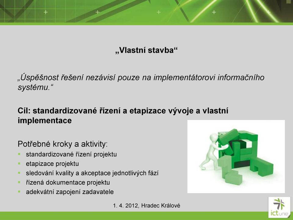 Cíl: standardizované řízení a etapizace vývoje a vlastní implementace Potřebné kroky