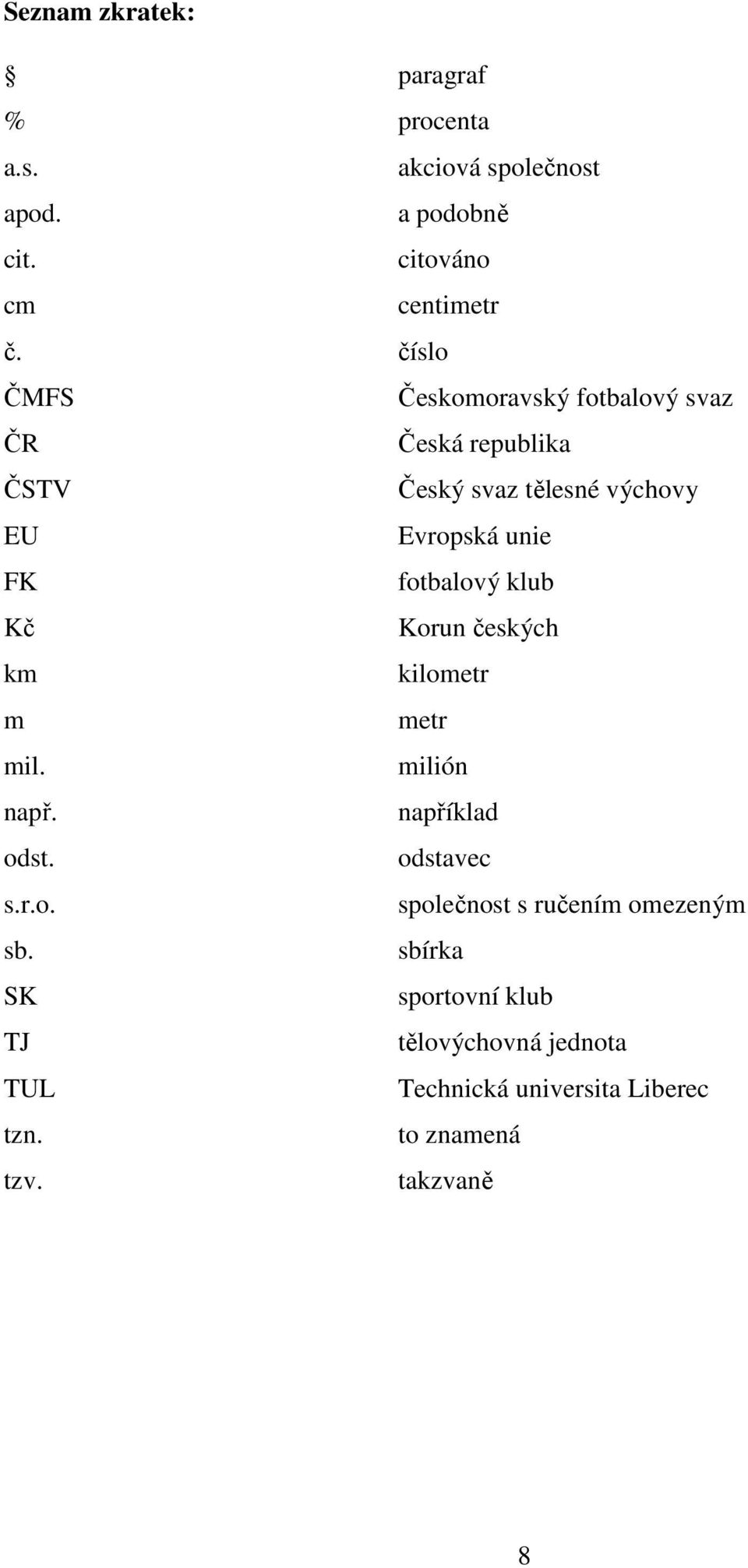 fotbalový klub Kč Korun českých km kilometr m metr mil. milión např. například odst. odstavec s.r.o. společnost s ručením omezeným sb.