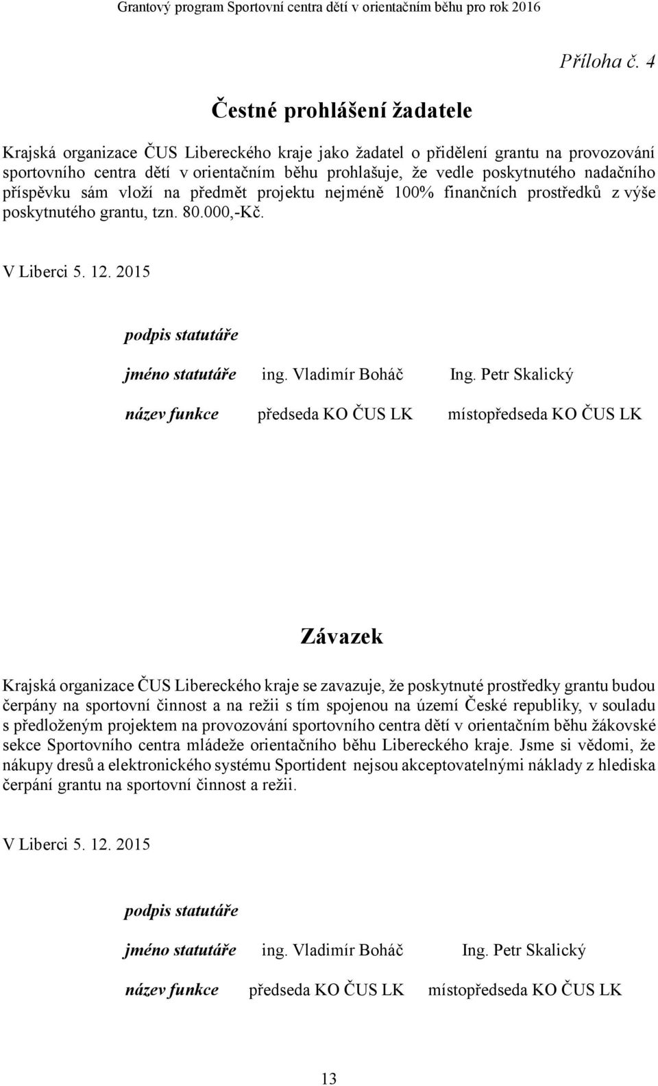 nadačního příspěvku sám vloží na předmět projektu nejméně 100% finančních prostředků z výše poskytnutého grantu, tzn. 80.000,-Kč. V Liberci 5. 12. 2015 podpis statutáře jméno statutáře ing.