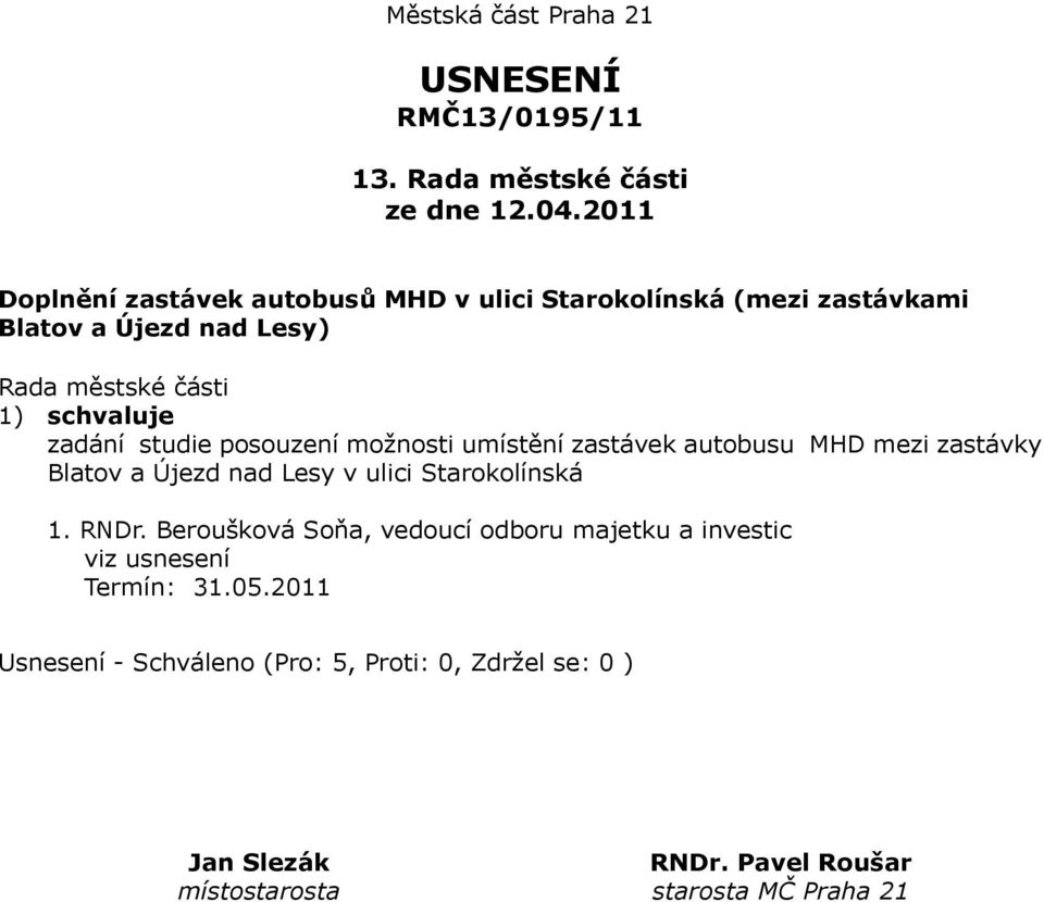 nad Lesy) 1) schvaluje zadání studie posouzení možnosti umístění zastávek autobusu