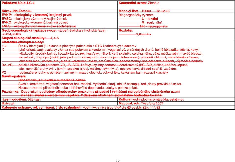 stupeň, trofická a hydrická řada): Rozloha: 2BC4, 2BD2 3,6086 ha Stupeň ekologické stability: 4, 4-5 Charakter ekotopu a bioty: 1.2. Řipský bioregion (1) biochora plochých pahorkatin s STG lipohabrových doubrav X jižně orientovaný opukový výchoz nad potokem s xerotermní vegetací vč.
