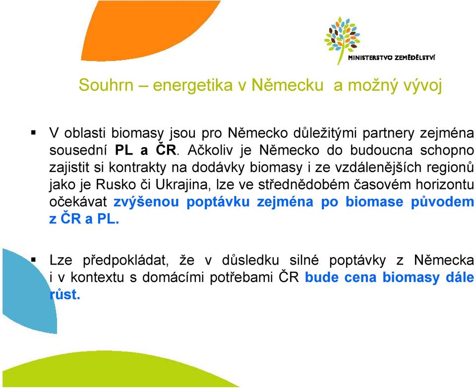 Rusko či Ukrajina, lze ve střednědobém časovém horizontu očekávat zvýšenou poptávku zejména po biomase původem z ČR apl.