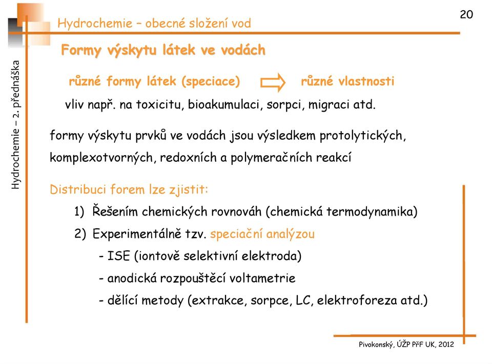 formy výskytu prvků ve vodách jsou výsledkem protolytických, komplexotvorných, redoxních a polymeračních reakcí Distribuci