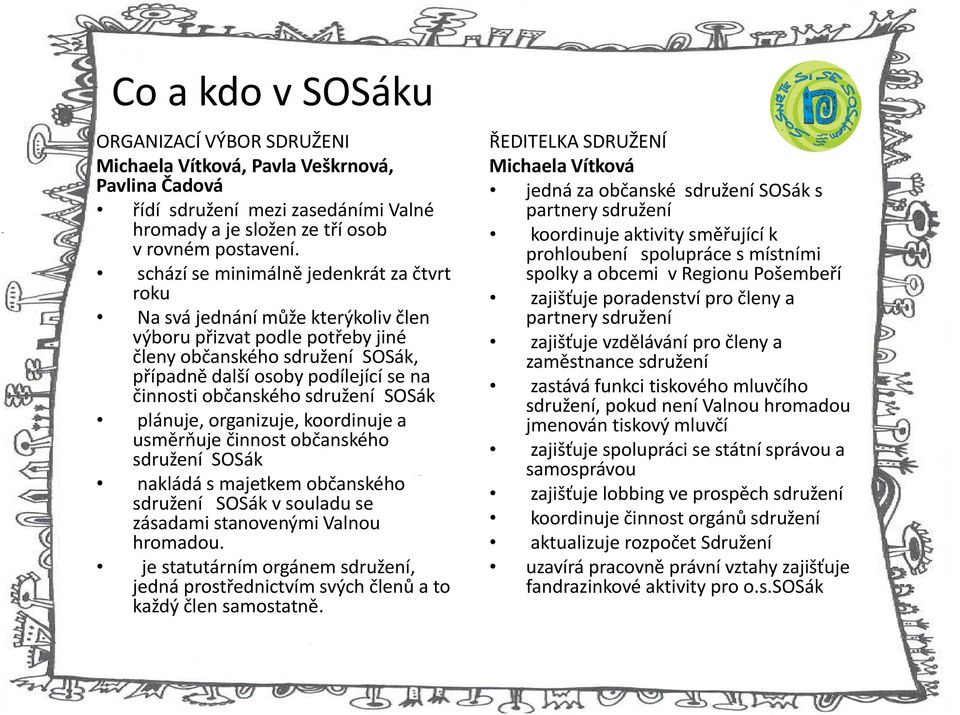 občanského sdružení SOSák plánuje, organizuje, koordinuje a usměrňuje činnost občanského sdružení SOSák nakládá s majetkem občanského sdružení SOSák v souladu se zásadami stanovenými Valnou hromadou.