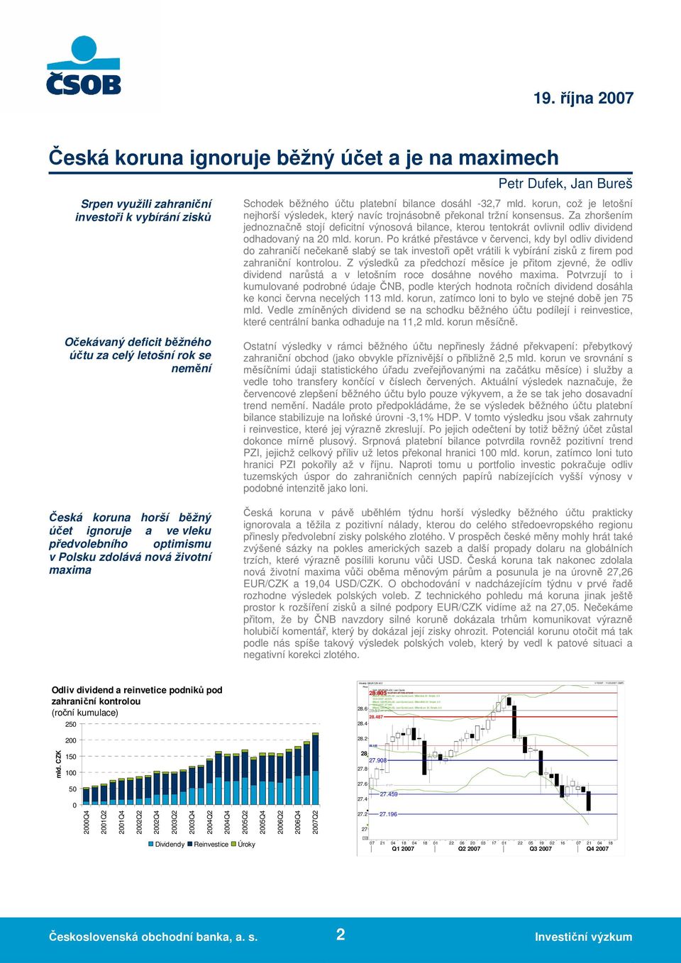 Za zhoršením jednoznačně stojí deficitní výnosová bilance, kterou tentokrát ovlivnil odliv dividend odhadovaný na 20 mld. korun.