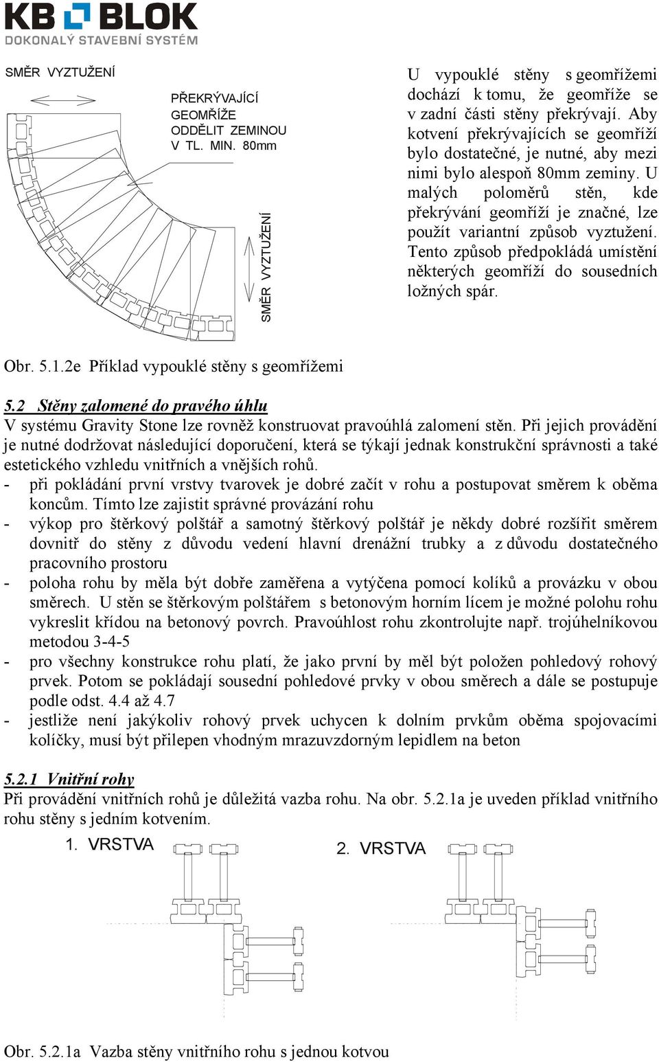 U malých poloměrů stěn, kde překrývání geomříží je značné, lze použít variantní způsob vyztužení. Tento způsob předpokládá umístění některých geomříží do sousedních ložných spár. Obr. 5.1.