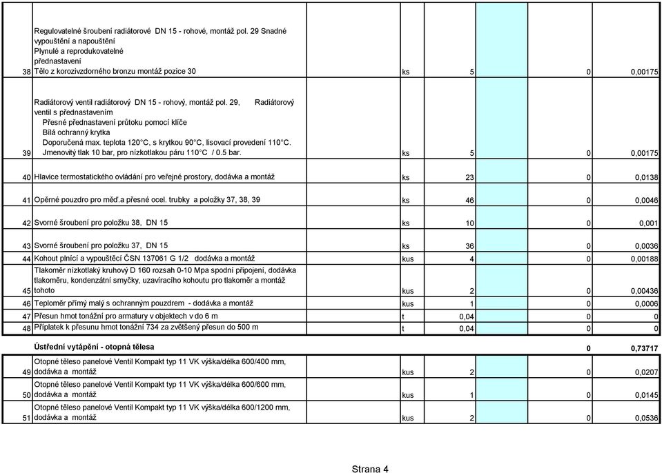 29, Radiátorový 39 ventil s přednastavením Přesné přednastavení průtoku pomocí klíče Bílá ochranný krytka Doporučená max. teplota 120 C, s krytkou 90 C, lisovací provedení 110 C.