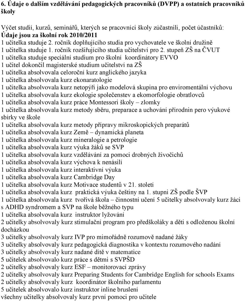 stupeň ZŠ na ČVUT 1 učitelka studuje speciální studium pro školní koordinátory EVVO 1 učitel dokončil magisterské studium učitelství na ZŠ 1 učitelka absolvovala celoroční kurz anglického jazyka 1