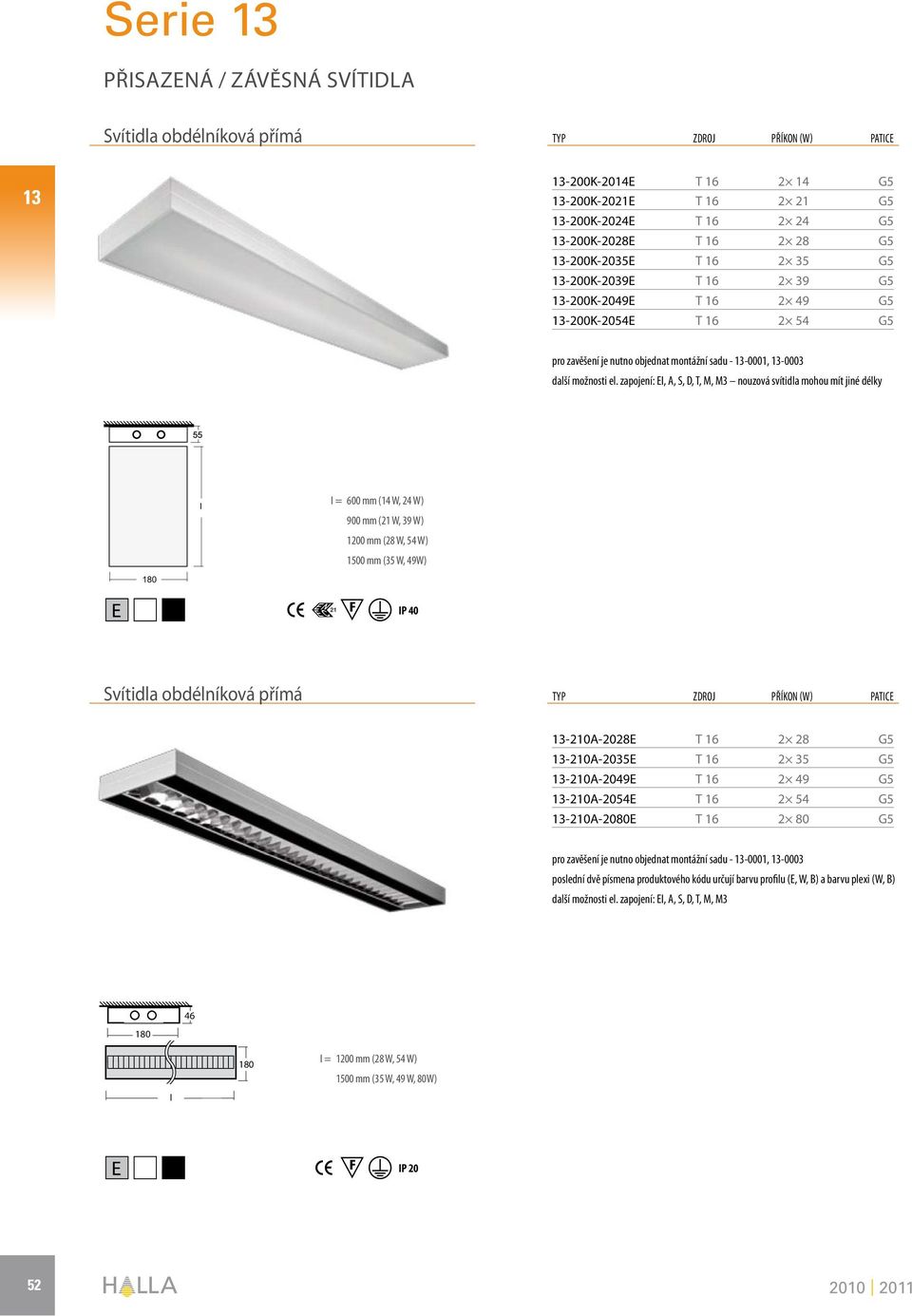 1200 mm (28 W, 54 W) 1500 mm (35 W, 49W) Svítidla obdélníková přímá 13-210A-2028E T 16 2 28 G5 13-210A-2035E T 16 2 35 G5 13-210A-2049E T 16 2 49 G5 13-210A-2054E T 16 2 54 G5