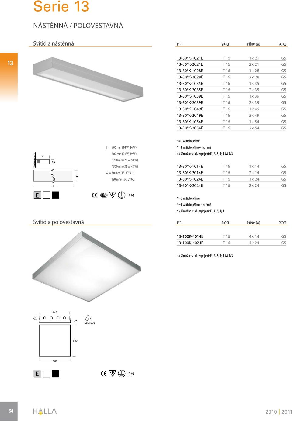 (14 W, 24 W) *=1 svítidlo přímo-nepřímé w w 900 mm (21 W, 39 W) 1200 mm (28 W, 54 W) 1500 mm (35 W, 49 W) w = 80 mm (13-30*K-1) 120 mm (13-30*K-2) 13-30*K-1014E T 16 1 14 G5 13-30*K-2014E T 16 2 14