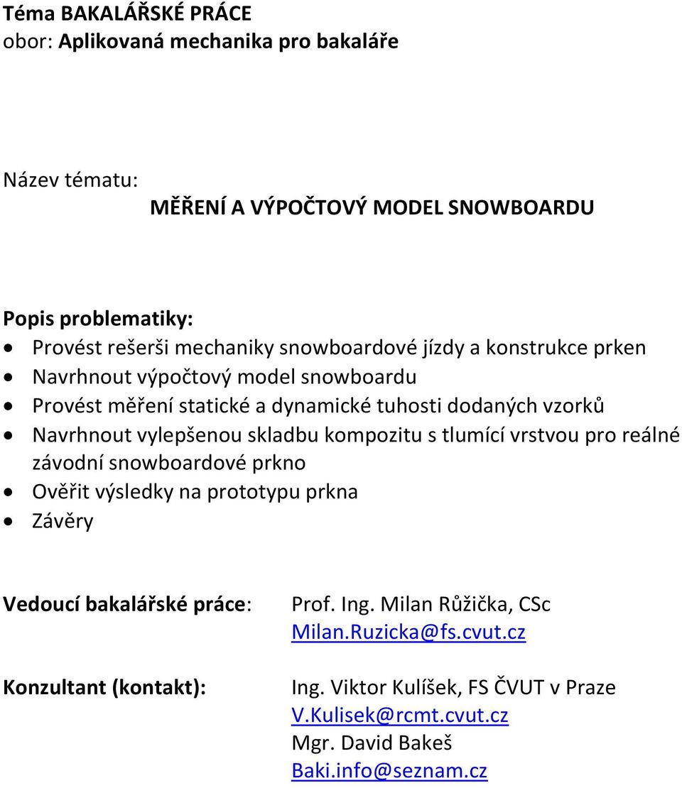 pro reálné závodní snowboardové prkno Ověřit výsledky na prototypu prkna Závěry Vedoucí bakalářské práce: Prof. Ing.