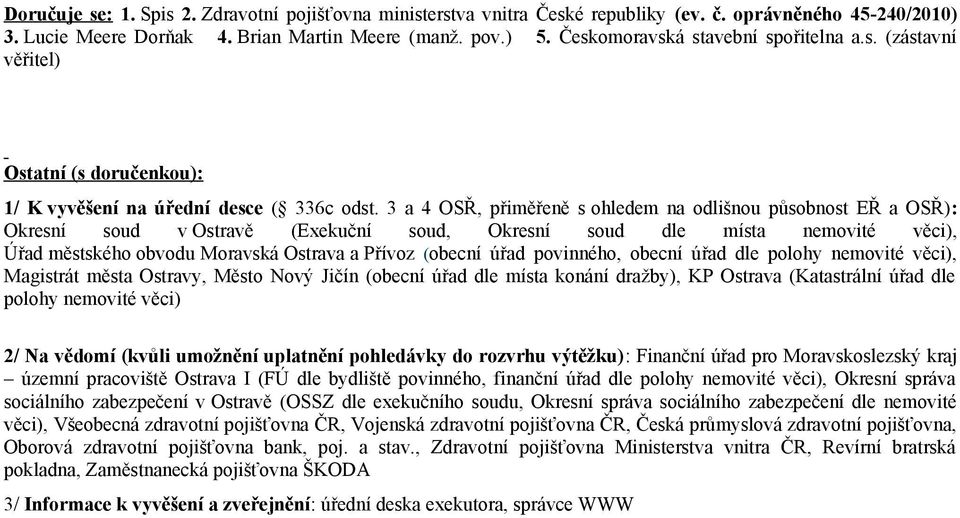 3 a 4 OSŘ, přiměřeně s ohledem na odlišnou působnost EŘ a OSŘ): Okresní soud v Ostravě (Exekuční soud, Okresní soud dle místa nemovité věci), Úřad městského obvodu Moravská Ostrava a Přívoz (obecní