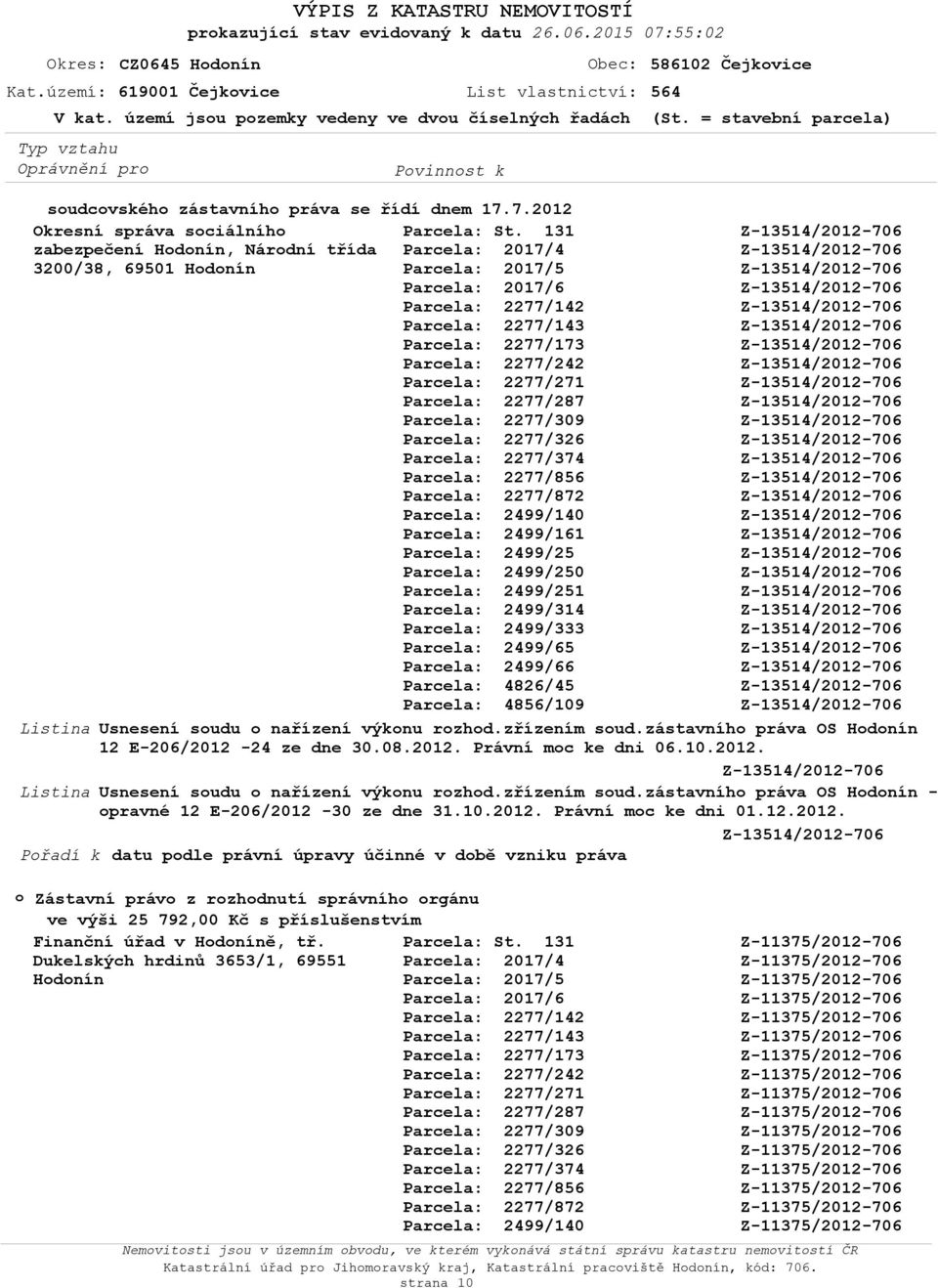 zástavníh práva OS Hdnín 12 E-206/2012-24 ze dne 30.08.2012. Právní mc ke dni 06.10.2012. Usnesení sudu nařízení výknu rzhd.zřízením sud.