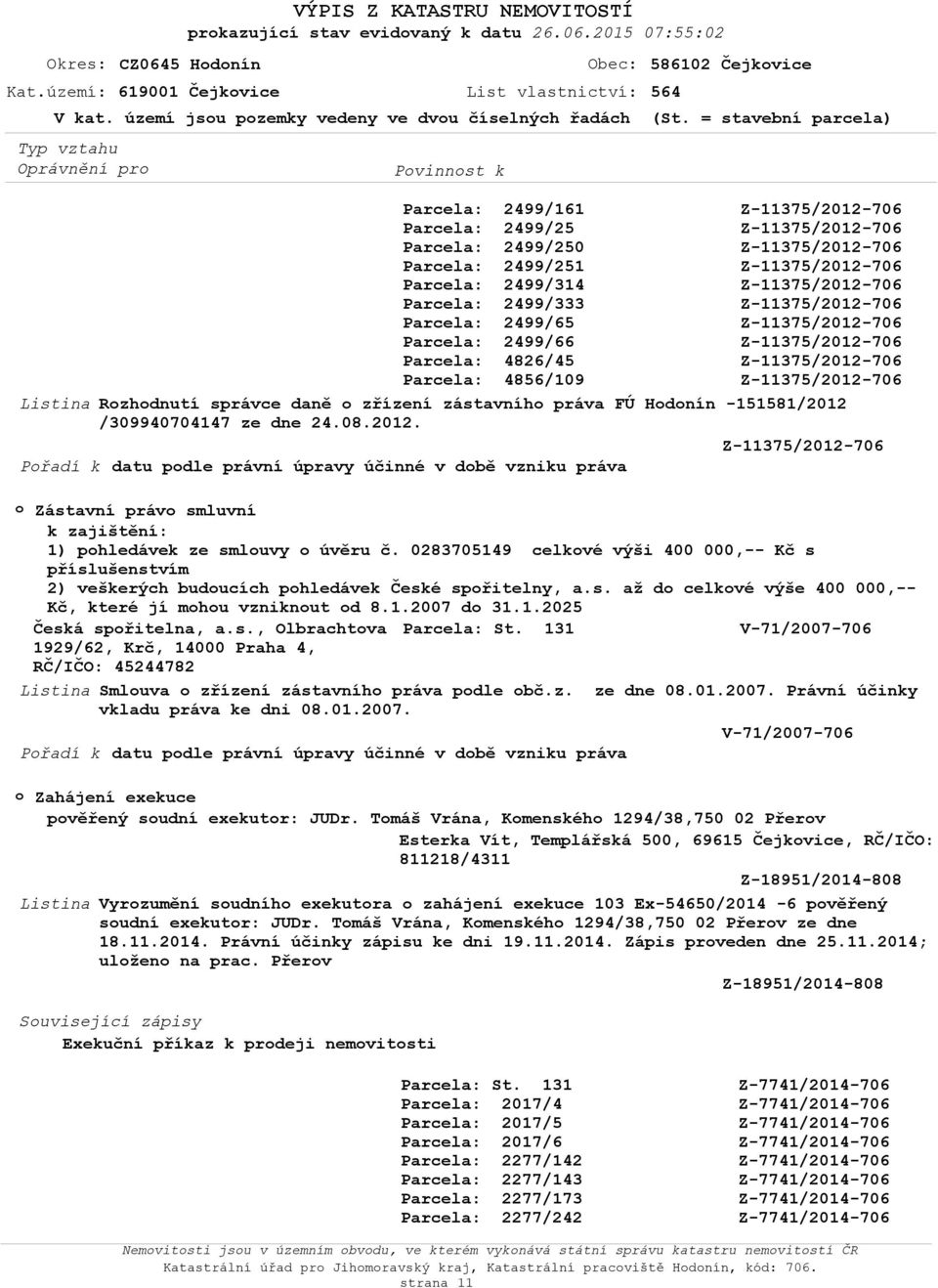 s., Olbrachtva V-71/2007-706 1929/62, Krč, 14000 Praha 4, RČ/IČO: 45244782 Smluva zřízení zástavníh práva pdle bč.z. ze dne 08.01.2007. Právní účinky vkladu práva ke dni 08.01.2007. V-71/2007-706 Přadí k datu pdle právní úpravy účinné v dbě vzniku práva Zahájení exekuce pvěřený sudní exekutr: JUDr.