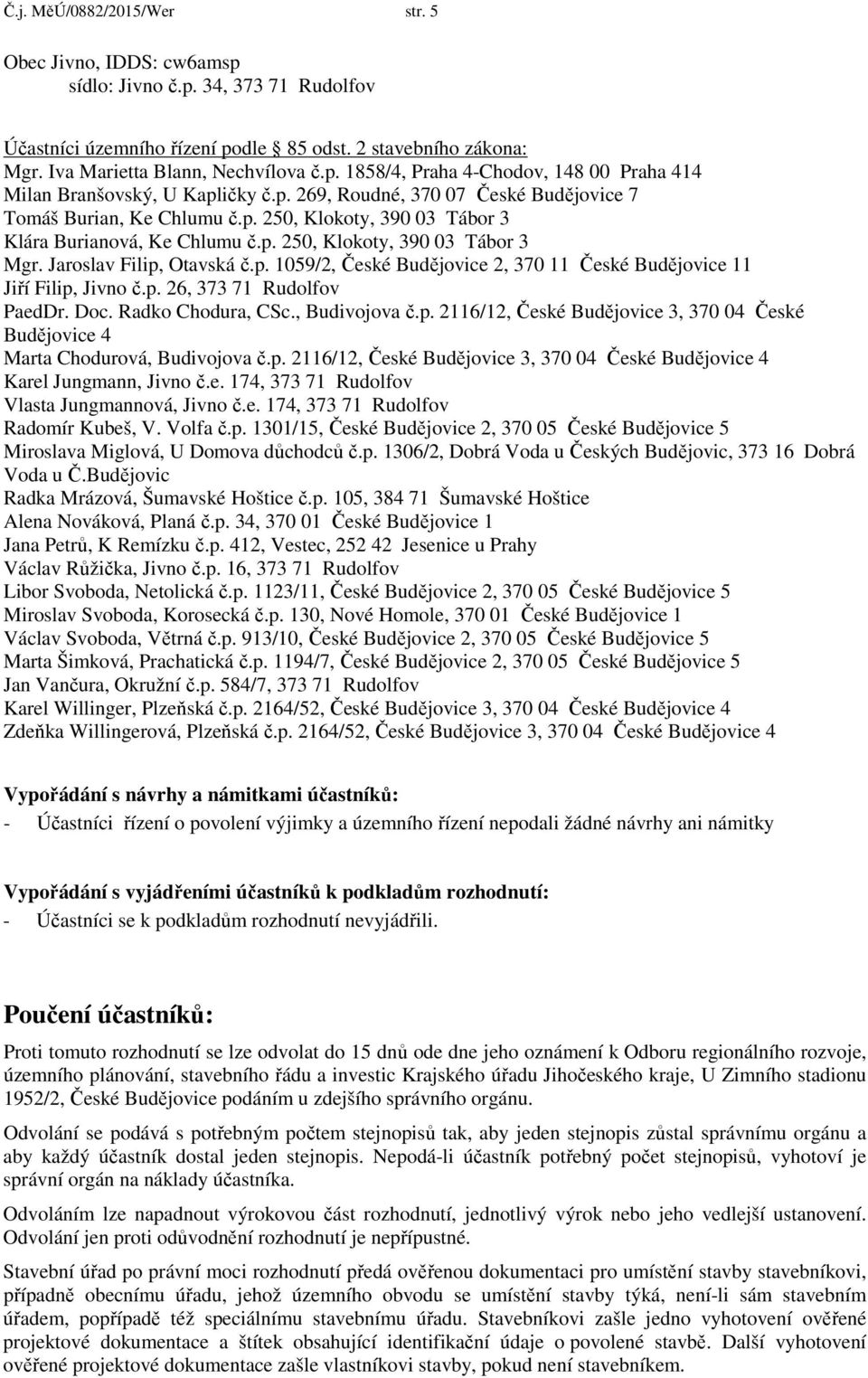 p. 26, 373 71 Rudolfov PaedDr. Doc. Radko Chodura, CSc., Budivojova č.p. 2116/12, České Budějovice 3, 370 04 České Budějovice 4 Marta Chodurová, Budivojova č.p. 2116/12, České Budějovice 3, 370 04 České Budějovice 4 Karel Jungmann, Jivno č.