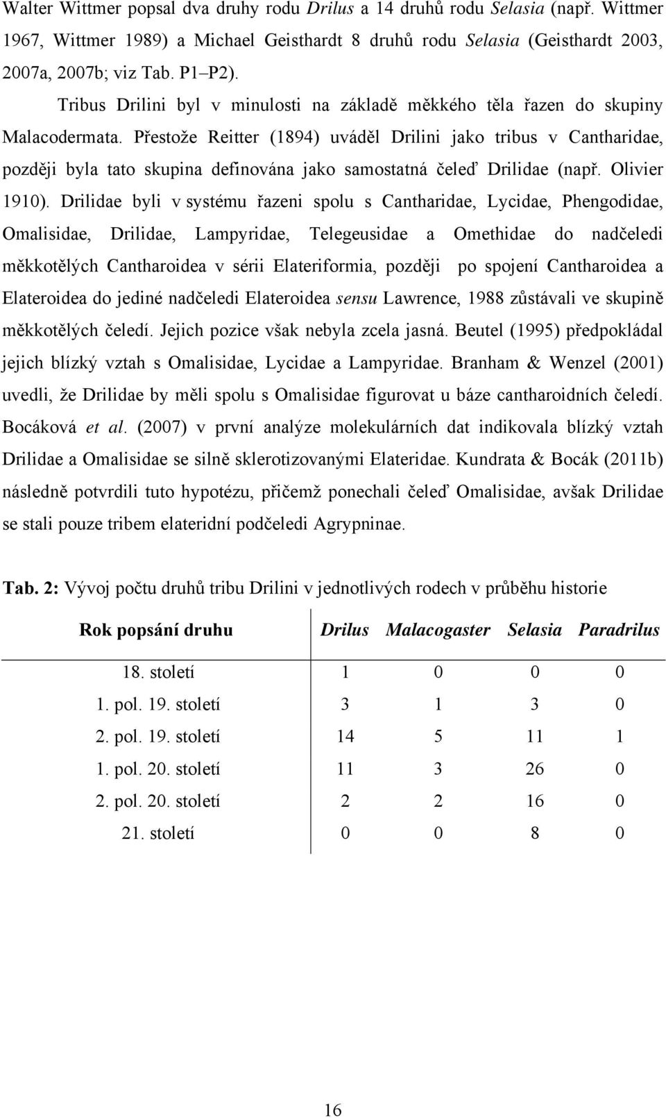 Přestože Reitter (1894) uváděl Drilini jako tribus v Cantharidae, později byla tato skupina definována jako samostatná čeleď Drilidae (např. Olivier 1910).