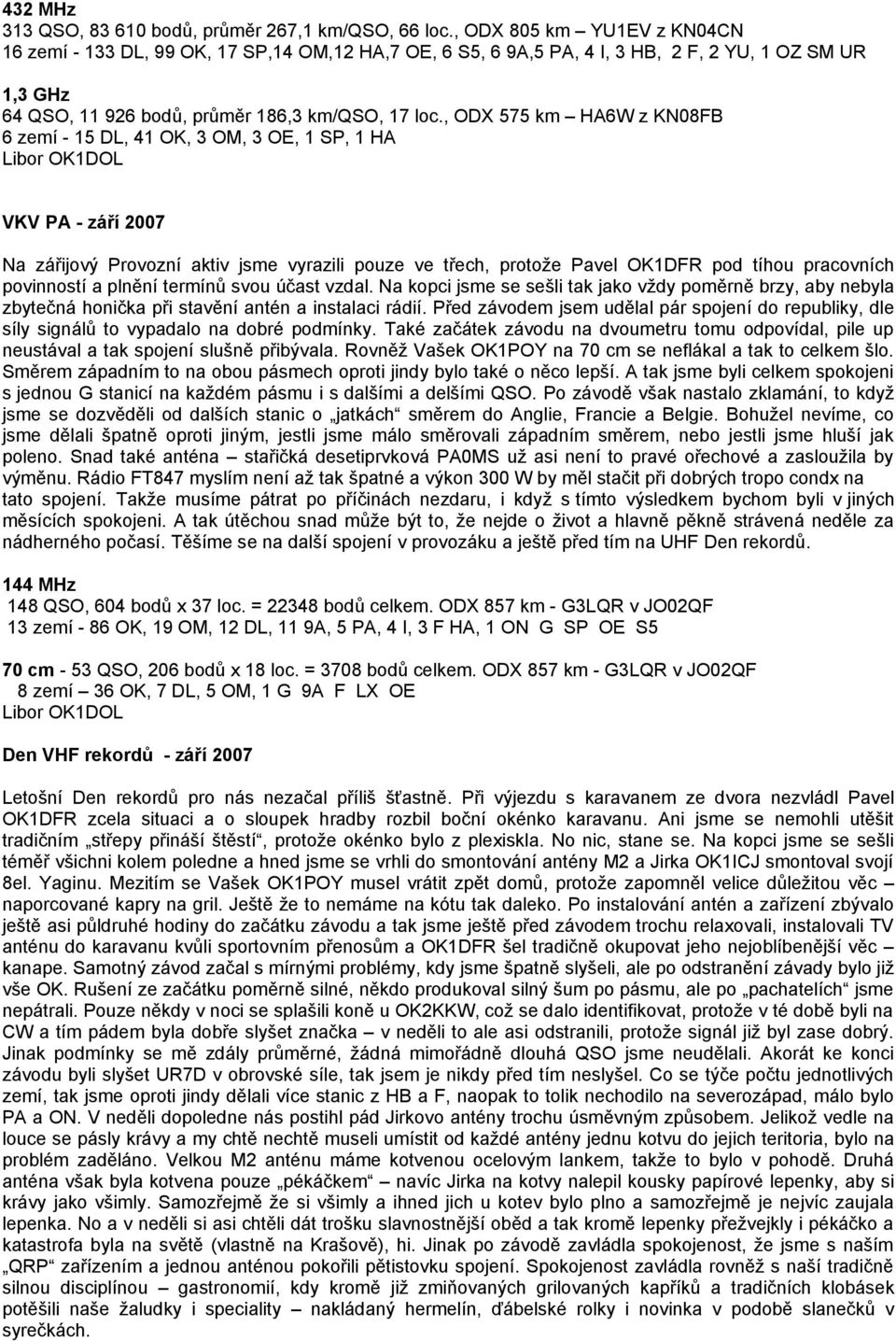 , ODX 575 km HA6W z KN08FB 6 zemí - 15 DL, 41 OK, 3 OM, 3 OE, 1 SP, 1 HA VKV PA - září 2007 Na zářijový Provozní aktiv jsme vyrazili pouze ve třech, protože Pavel OK1DFR pod tíhou pracovních