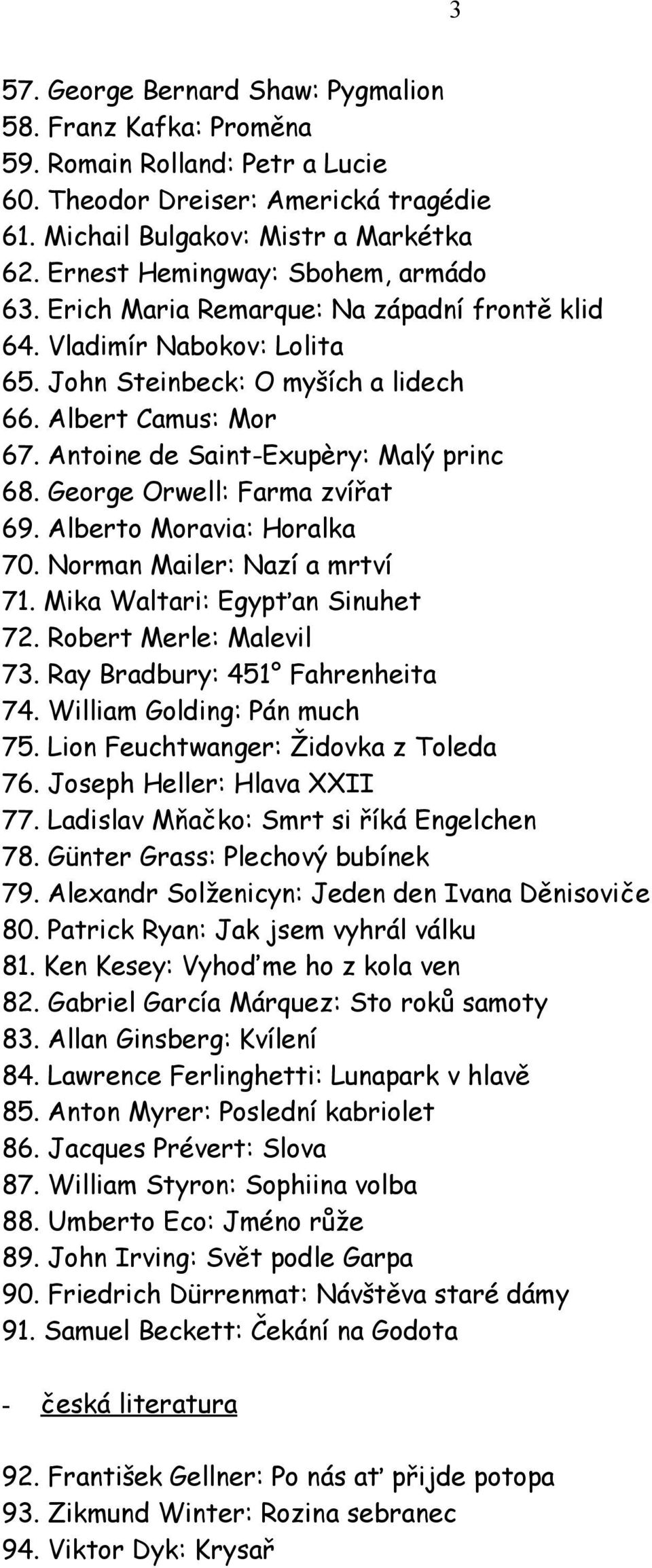 Antoine de Saint-Exupèry: Malý princ 68. George Orwell: Farma zvířat 69. Alberto Moravia: Horalka 70. Norman Mailer: Nazí a mrtví 71. Mika Waltari: Egypťan Sinuhet 72. Robert Merle: Malevil 73.