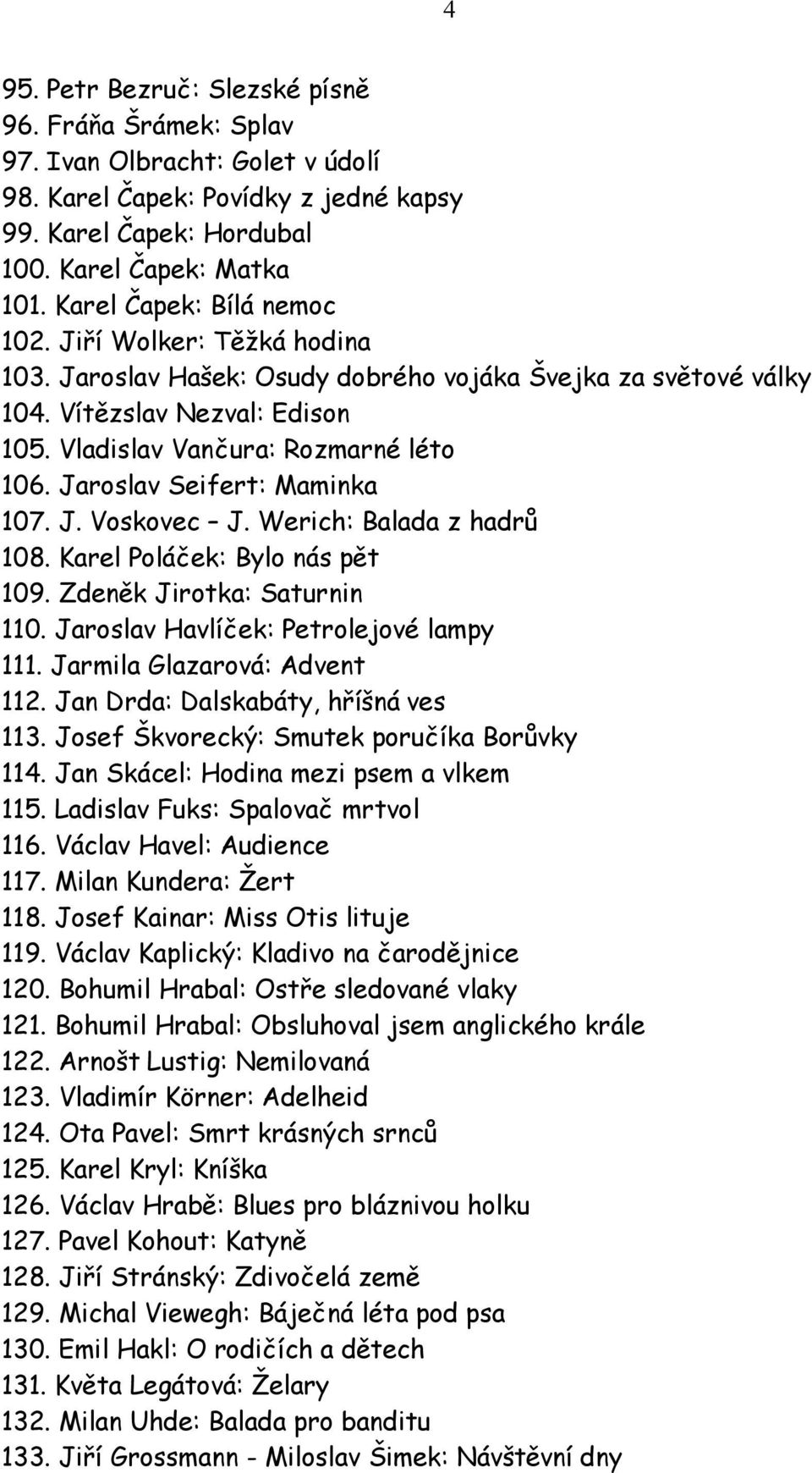 Jaroslav Seifert: Maminka 107. J. Voskovec J. Werich: Balada z hadrů 108. Karel Poláček: Bylo nás pět 109. Zdeněk Jirotka: Saturnin 110. Jaroslav Havlíček: Petrolejové lampy 111.