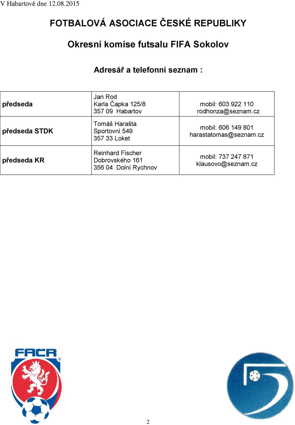 předseda předseda STDK předseda KR Jan Rod Karla Čapka 125/8 357 09 Habartov Tomáš Harašta Sportovní 549