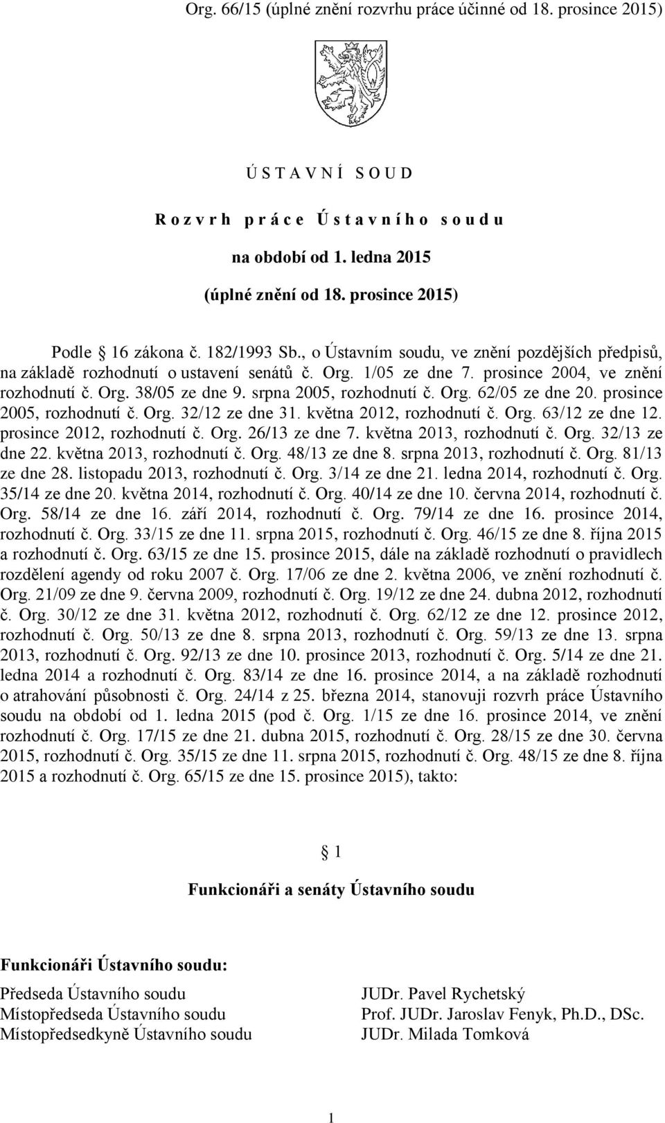 Org. 62/05 ze dne 20. prosince 2005, rozhodnutí č. Org. 32/12 ze dne 31. května 2012, rozhodnutí č. Org. 63/12 ze dne 12. prosince 2012, rozhodnutí č. Org. 26/13 ze dne 7. května 2013, rozhodnutí č.