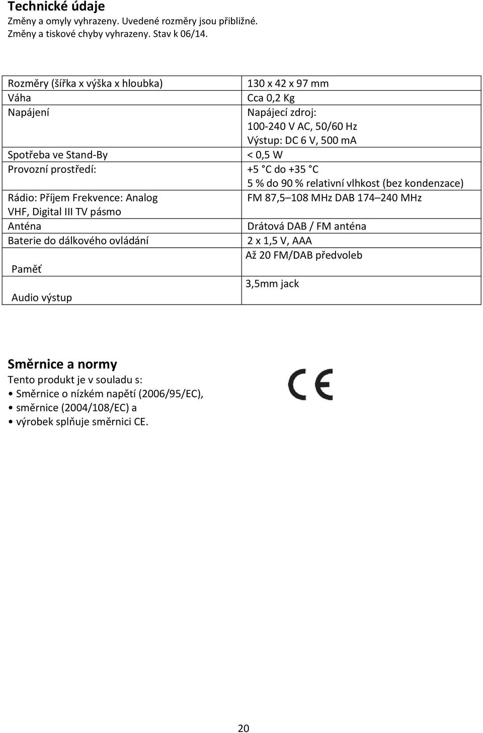 prostředí: +5 C do +35 C 5 % do 90 % relativní vlhkost (bez kondenzace) Rádio: Příjem Frekvence: Analog FM 87,5 108 MHz DAB 174 240 MHz VHF, Digital III TV pásmo Anténa Drátová DAB /