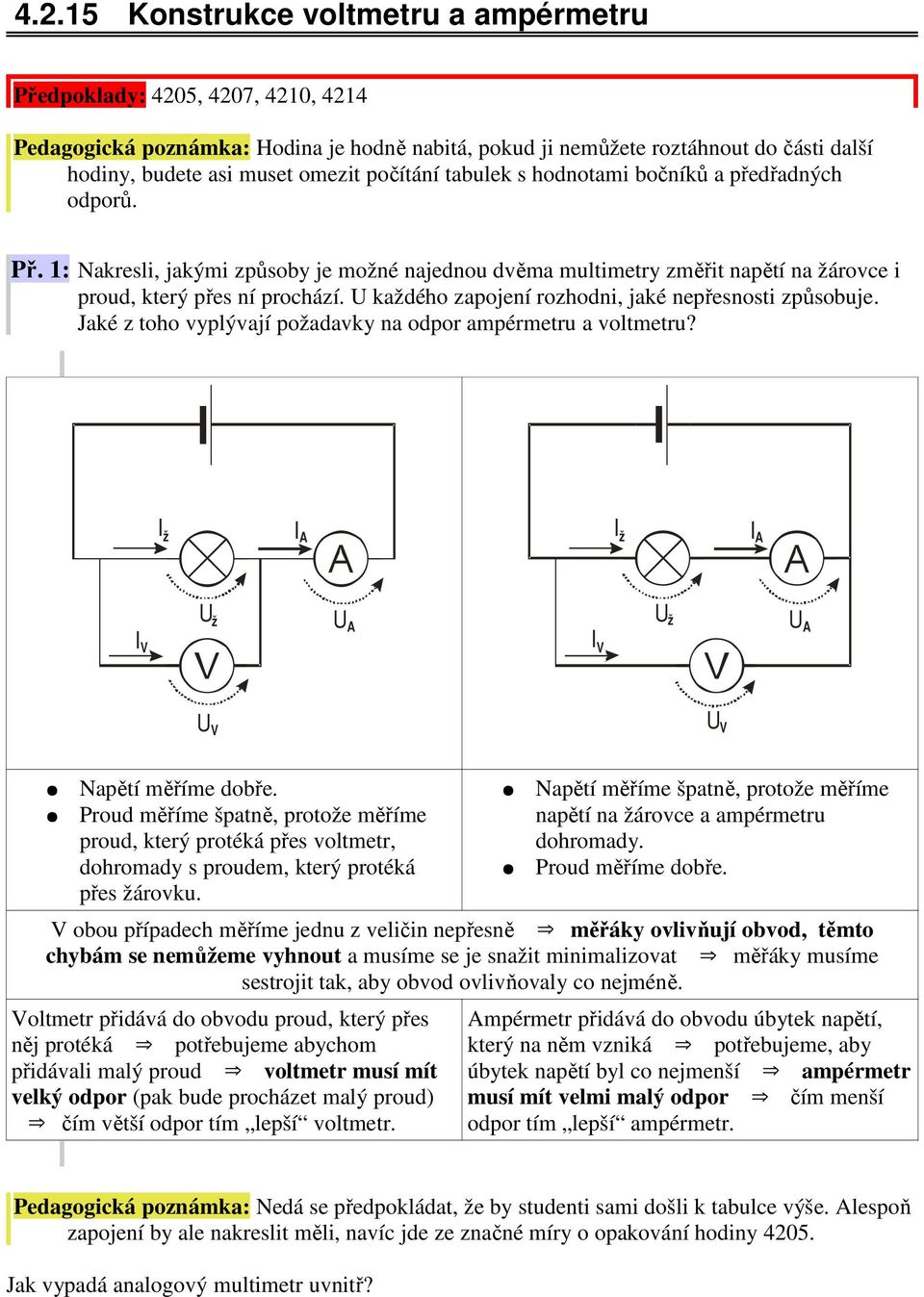 U každého zapojení rozhodni, jaké nepřesnosti způsobuje. Jaké z toho vyplývají požadavky na odpor ampérmetru a voltmetru? I ž I A I ž I A I V U ž U A I V U ž U A U V U V Napětí měříme dobře.