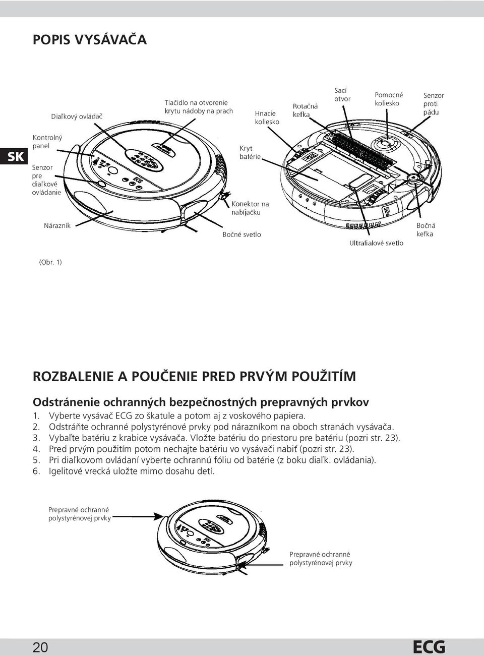 1) rozbalenie a poučenie pred prvým použitím odstránenie ochranných bezpečnostných prepravných prvkov 1. Vyberte vysávač ECG zo škatule a potom aj z voskového papiera. 2.