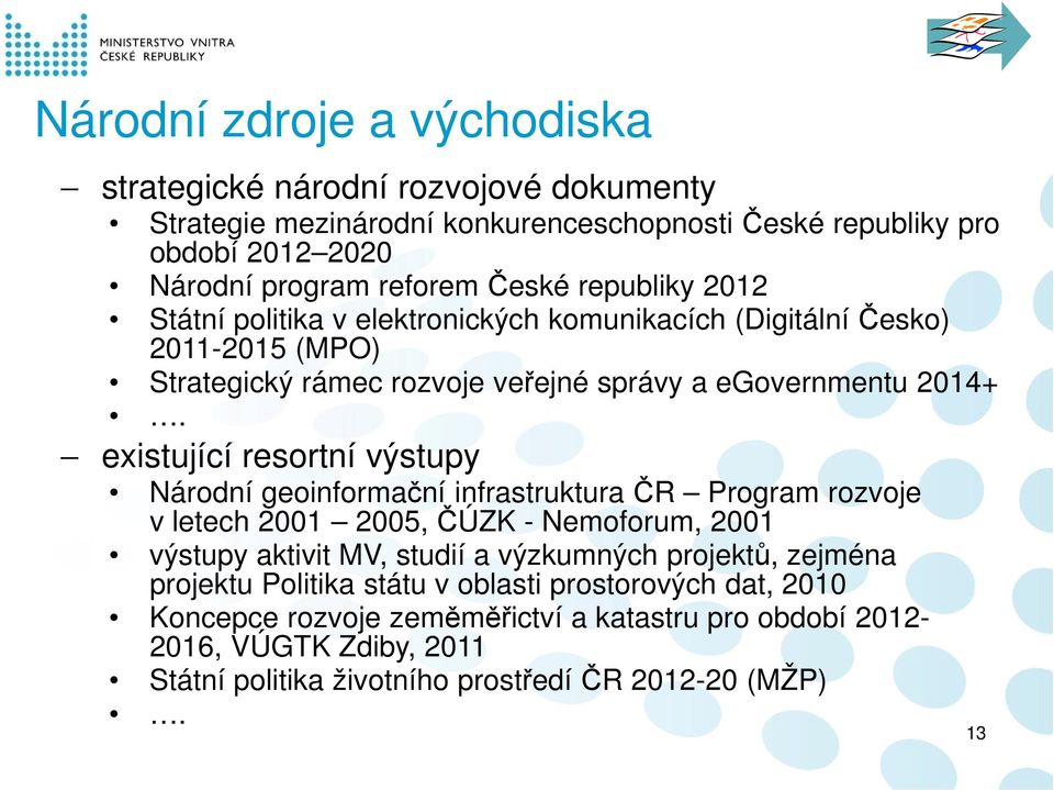 existující resortní výstupy Národní geoinformační infrastruktura ČR Program rozvoje v letech 2001 2005, ČÚZK - Nemoforum, 2001 výstupy aktivit MV, studií a výzkumných projektů,