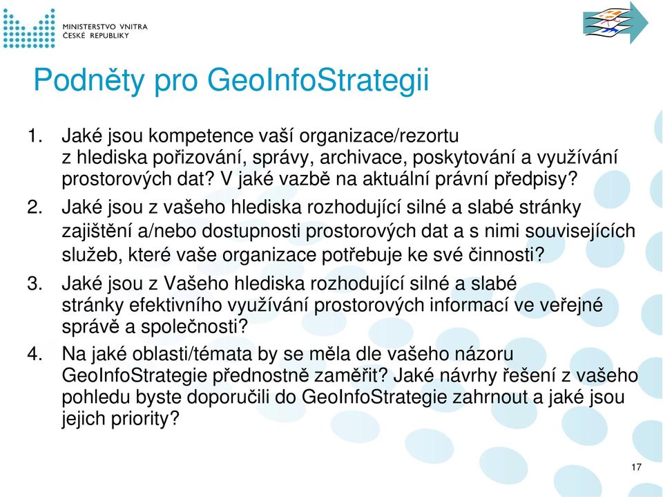 Jaké jsou z vašeho hlediska rozhodující silné a slabé stránky zajištění a/nebo dostupnosti prostorových dat a s nimi souvisejících služeb, které vaše organizace potřebuje ke své